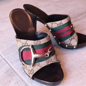 GUCCI Signature Web Horsebit Clog Heel Sandals 5.5